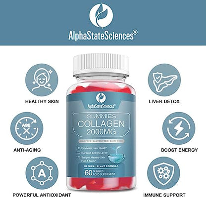 **New**Advanced Collagen Gummies 2000mg - Promote Skin Elasticity, Hair Growth, and Joint Health - Delicious Berry AlphaStateSciences