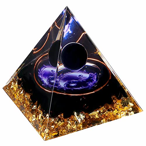 Yin Yang Healing Crystal Orgonite Pyramid - Tai Chi with Obsidian Ball - Taiji Reiki Chakra Meditation FENGSHUI-CAISHEN