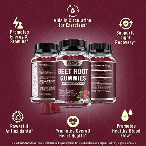 Beet Root Gummies with CoQ10, Energy, and Circulation Support, Pre Workout Nitric Oxide MDA Supplements