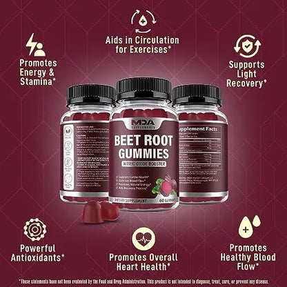 Beet Root Gummies with CoQ10, Energy, and Circulation Support, Pre Workout Nitric Oxide MDA Supplements