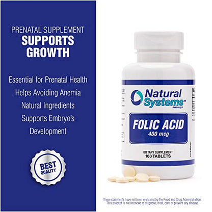 Folic Acid Supplement 100 Tablets 400 mcg by Natural Systems - Prenatal Vitamin for Women Perfect Natural Systems Naturasys