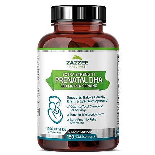 Zazzee Extra Strength Prenatal DHA 500 mg, 180 Enteric Coated Softgels, 1000 mg Omega 3’s Zazzee