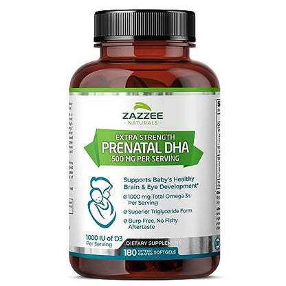 Zazzee Extra Strength Prenatal DHA 500 mg, 180 Enteric Coated Softgels, 1000 mg Omega 3’s Zazzee