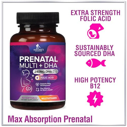 Women's Prenatal Multivitamin with Folic Acid & DHA, Prenatal Vitamins w/ Folate, Omega 3 Nature's Nutrition