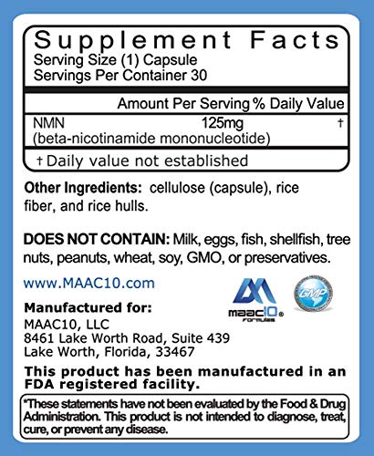 MAAC10 NMN Supplement Real Nicotinamide Mononucleotide (NMN 125mg Capsules). The Most Powerful NAD+ Precursor More Stable Than Riboside. We use 99% Pure Pharmaceutical Grade Stabilized NMN (30 Count) MAAC10Buy Supplements Australia