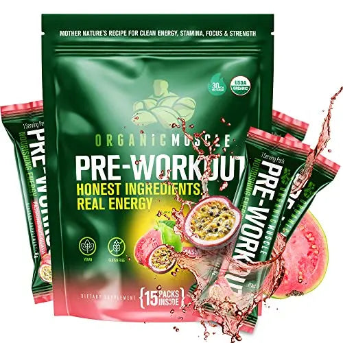 Organic Muscle Superfood Pre Workout Powder for Men & Women, Passionfruit Guava Organic Muscle