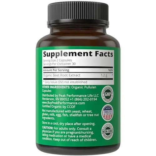 USDA Organic Beet Root Vegan Capsules. Beets Juice Powder Super Food Pills 1200 mg Peak Performance