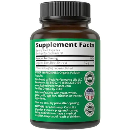 USDA Organic Beet Root Vegan Capsules. Beets Juice Powder Super Food Pills 1200 mg Peak Performance