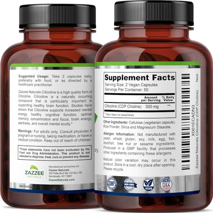 Zazzee Extra Strength Citicoline CDP Choline, 500 mg per Serving, 100 Vegan Capsules Zazzee