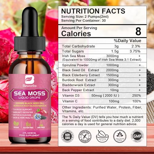 3000mg Sea Moss Liquid Drops - Organic Black Seed Oil & Irish Sea Moss B BEWORTHS