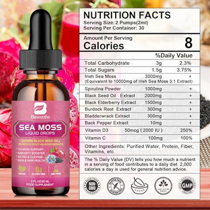3000mg Sea Moss Liquid Drops - Organic Black Seed Oil & Irish Sea Moss B BEWORTHS