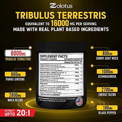 13in1 Tribulus Terrestris Capsules - 16000mg Per Serving with Maca, Horny Goat Weed Zolotus