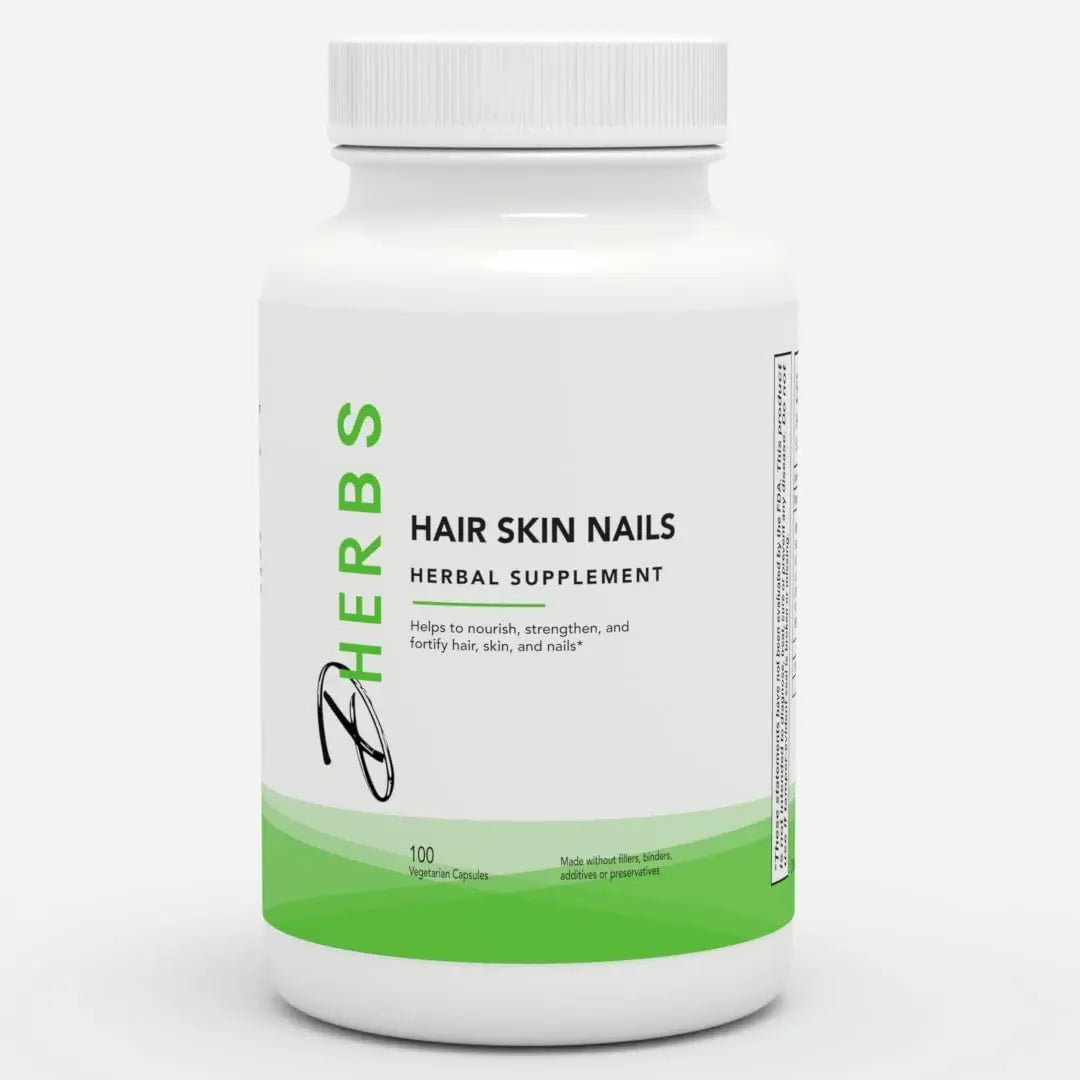 Herbal supplement bottle labeled 'Hair Skin Nails' on a white background