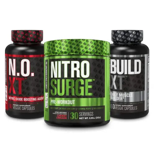 Jacked Factory Nitrosurge Pre Workout, N.O. XT Nitric Oxide Supplement & Build-XT Daily Jacked Factory