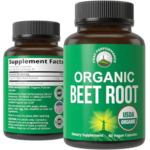 USDA Organic Beet Root Vegan Capsules. Beets Juice Powder Super Food Pills 1200 mg Peak Performance
