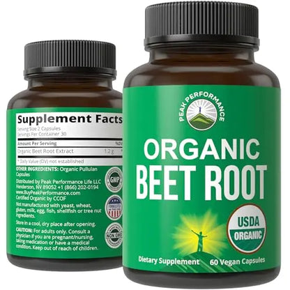 USDA Organic Beet Root Vegan Capsules. Beets Juice Powder Super Food Pills 1200 mg Peak Performance