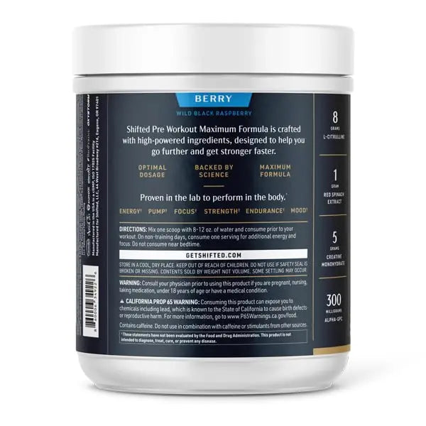 SHIFTED Maximum Pre Workout Powder, Energy & Focus Supplement with Creatine Monohydrate SHIFTED