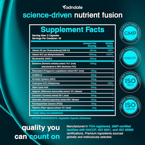 Adndale NAD Supplement. Longevity Formula with Liposomal NAD+, Trans Resveratrol, Urolithin-A, Berberine, CoQ10. NMN Supplement Alternative. 90 Count AdndaleBuy Supplements Australia