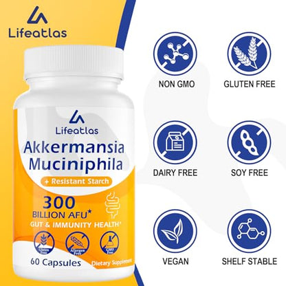 300 Billion AFU Akkermansia Muciniphila - Live Akkermansia Probiotics for Women & Men Lifeatlas