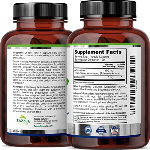 Zazzee High Absorption Artemisinin, 100 mg per Capsule, 120 Vegan Capsules, with 5 mg Zazzee