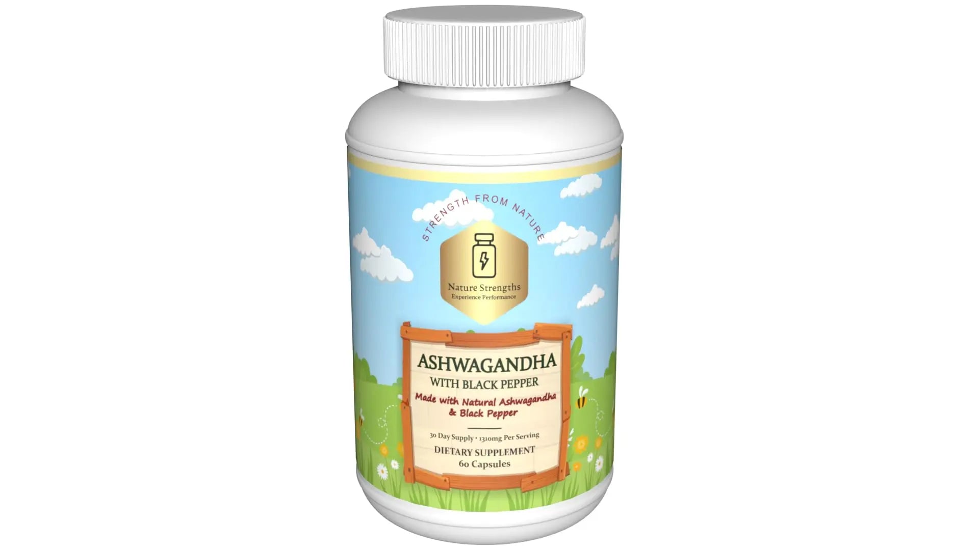 Supplement bottle labeled 'Ashwagandha' on a white background