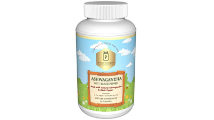 Supplement bottle labeled 'Ashwagandha' on a white background