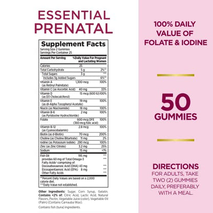 Nature's Bounty Essential Prenatal Gummies, Folic Acid and Iodine, Omega 3 and DHA, 50 Count Nature's Bounty Optimal Solutions