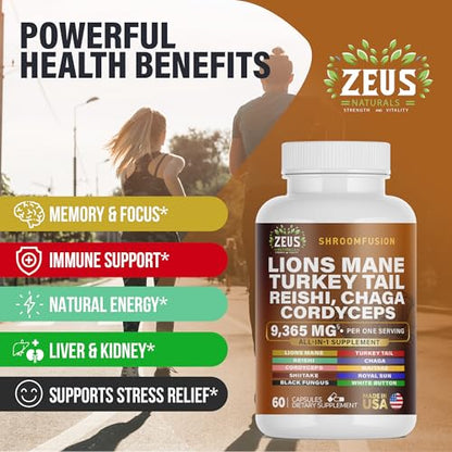 Zeus Naturals Lions Mane Capsules, Mushroom Supplement with Turkey Tail, Cordyceps Zeus Naturals