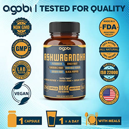 240 Capsules - 8 Month Supply - 7in1 Ashwagandha 8050mg - Combined With Fenugreek agobi