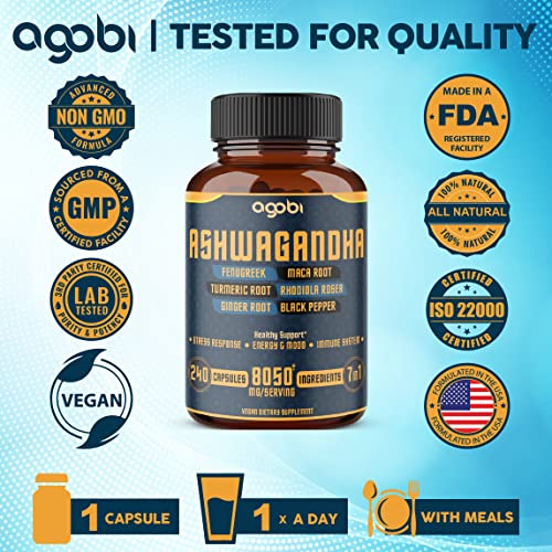 240 Capsules - 8 Month Supply - 7in1 Ashwagandha 8050mg - Combined With Fenugreek agobi