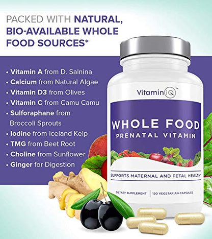 VitaminIQ Whole Food Prenatal Vitamins (120 Capsules) Natural Support for Maternal and Fetal Health VitaminIQ