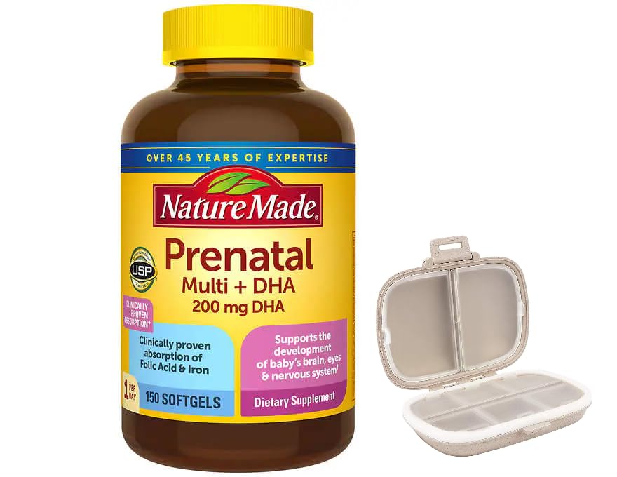 Nature Made Prenatal Multi + DHA, 150 Softgels Bundle with a Travel Pill Organizer Generic