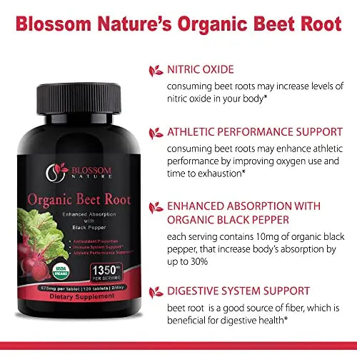Organic Beet Root Powder 1350mg with Black Pepper-Nitric Oxide Booster, Digestive System Blossom Nature