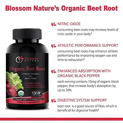 Organic Beet Root Powder 1350mg with Black Pepper-Nitric Oxide Booster, Digestive System Blossom Nature