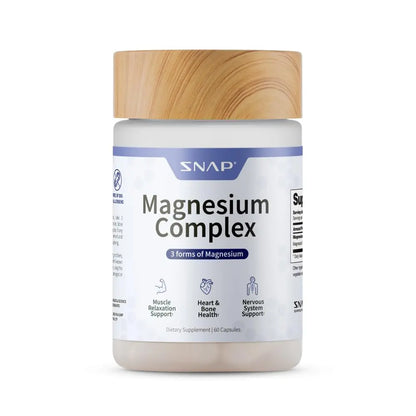 Supplement jar labeled 'Magnesium Complex' with a wooden cap on a white background
