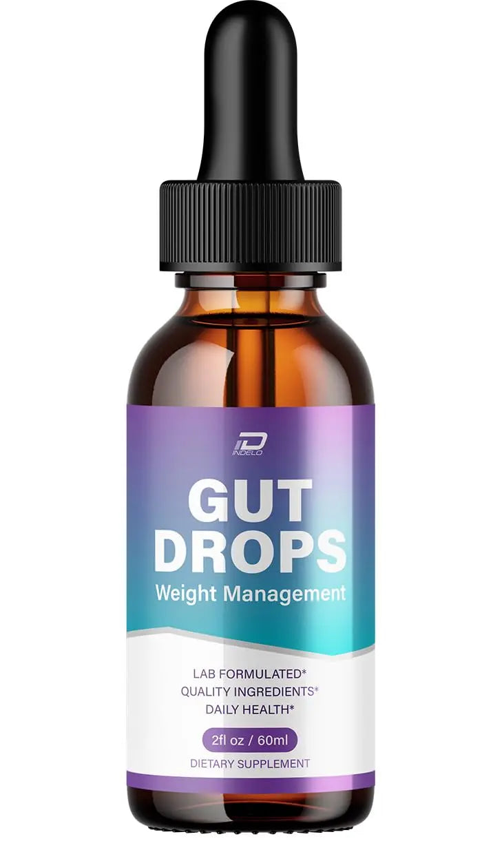 Bottle of Gut Drops weight management supplement with dropper on a white background