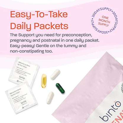 Binto Prenatal 4 in 1 Probiotic & Multivitamin Packets with Iron, DHA, Methylated Folate and probiotics Binto