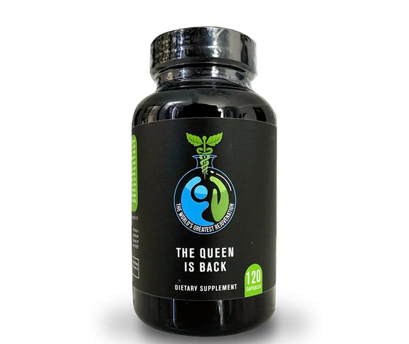 Black dietary supplement bottle with label on a white background