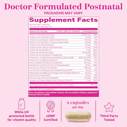 Pink Stork Total Postnatal Vitamins for Women with Vegan DHA, Iron, Folate, and Vitamin B12 Pink Stork