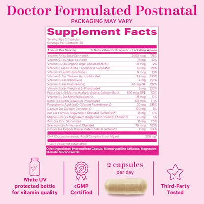 Pink Stork Total Postnatal Vitamins for Women with Vegan DHA, Iron, Folate, and Vitamin B12 Pink Stork