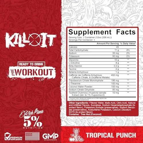 5% Nutrition Kill It Ready-to-Drink High Stim Pre Workout | 400mg Caffeine Energy Drink 5% Nutrition