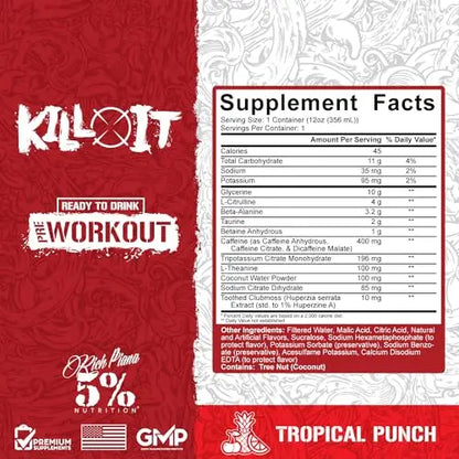 5% Nutrition Kill It Ready-to-Drink High Stim Pre Workout | 400mg Caffeine Energy Drink 5% Nutrition