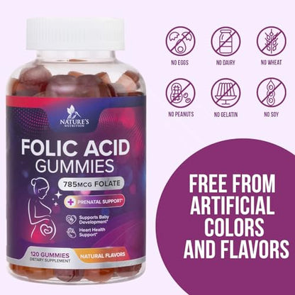 Folic Acid Gummies for Women 785 mcg, Essential Prenatal Vitamins for Mom & Baby, Vegan Folic Acid Nature's Nutrition
