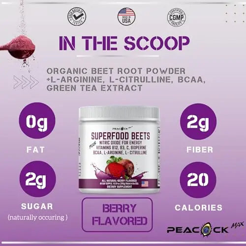 Peacock Max Superfoods Blend Immunity Support Vegan Gluten Free (Beets Nitric Oxide B12 Powder) Peacock Max