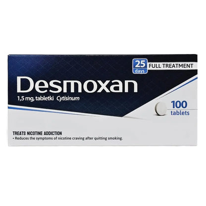 Desmoxan packaging for nicotine addiction treatment on a white background