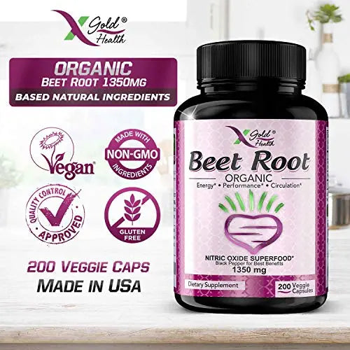 Organic Beet Root Powder 1350mg 200 Veggie caps Superfood Nitric Oxide Strongest X Gold Health