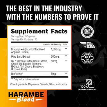 Harambe Pump - Nitric Oxide Supplement with Nitrosigine, S7, and BioPerine - Best Pre Harambe Blood