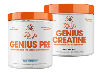 Genius Pre Workout Powder, Blue Razz, and Genius Micronized Creatine Monohydrate The Genius Brand