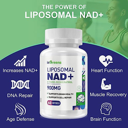 inGreens 900mg Liposomal NAD+ Supplement with 300mg Trans Resveratrol - Superior Absorption, Replaces NMN, Boost NAD+ for DNA Repair, Energy & Longevity, Aging Defense, 60 Softgels inGreensBuy Supplements Australia