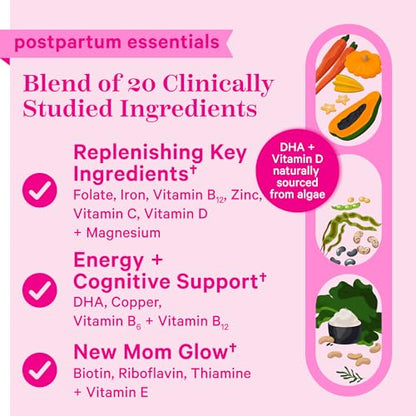 Pink Stork Total Postnatal Vitamins for Women with Vegan DHA, Iron, Folate, and Vitamin B12 Pink Stork
